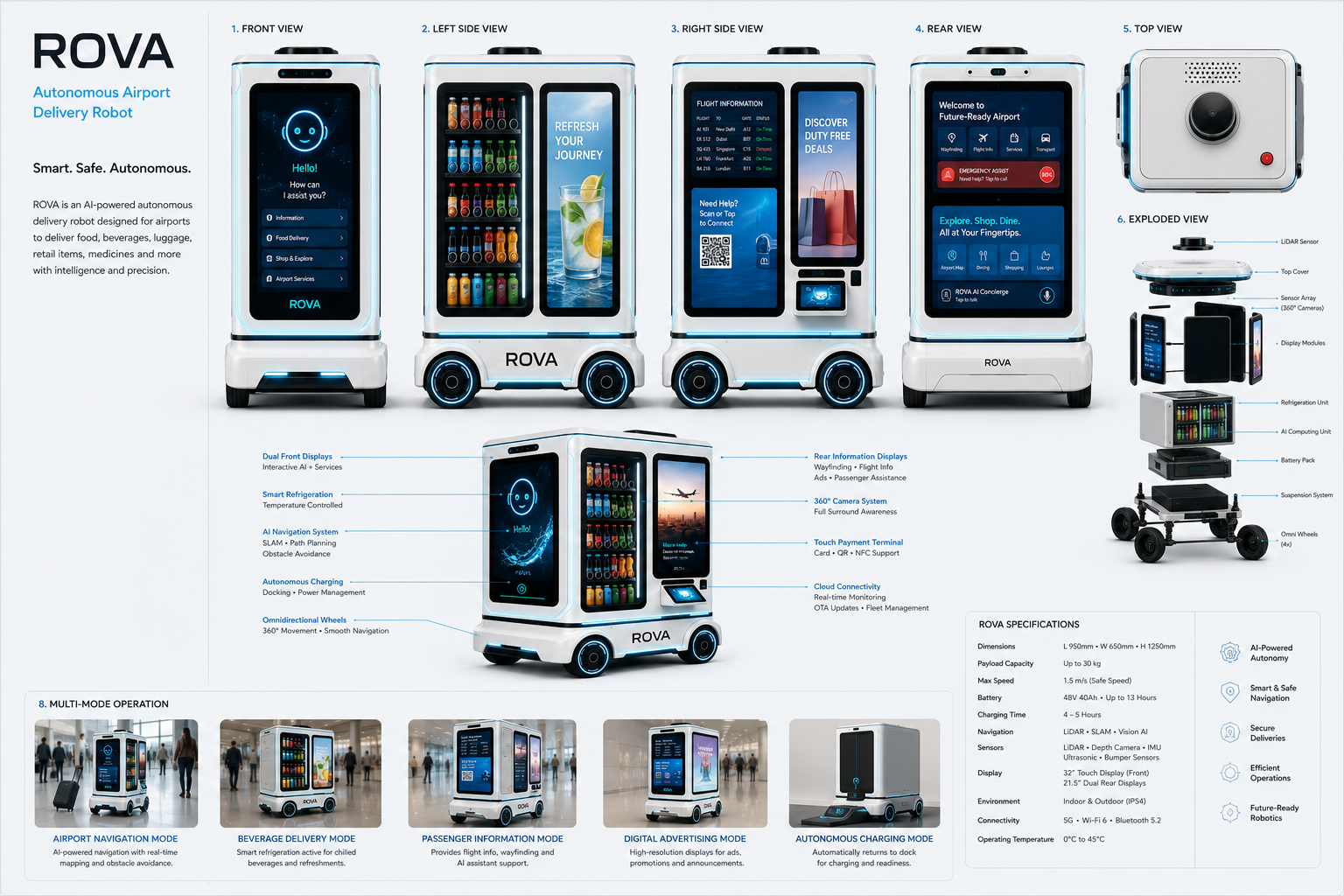 ROVA engineering blueprint — front, side, rear, top and exploded views